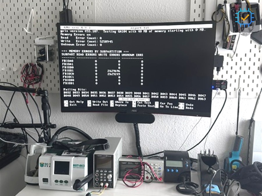 Werkbank mit Diagnose-Monitor während eines GPU-Speichertests und Mess- sowie Lötequipment